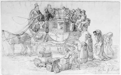 Eine Postkutsche aus West Country verlässt Piccadilly, 1829